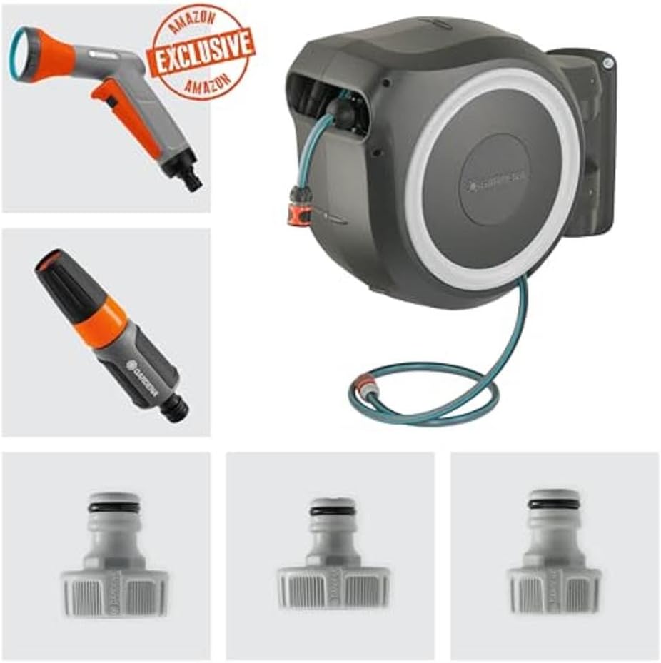 Gardena RollUp XL 35m: Solution d'arrosage flexible pour grands jardins avec coffre mural pivotant, incluantun tuyau de qualité Gardena de 35m et une douchette de jardin Classic (18632-60, 18312-33)