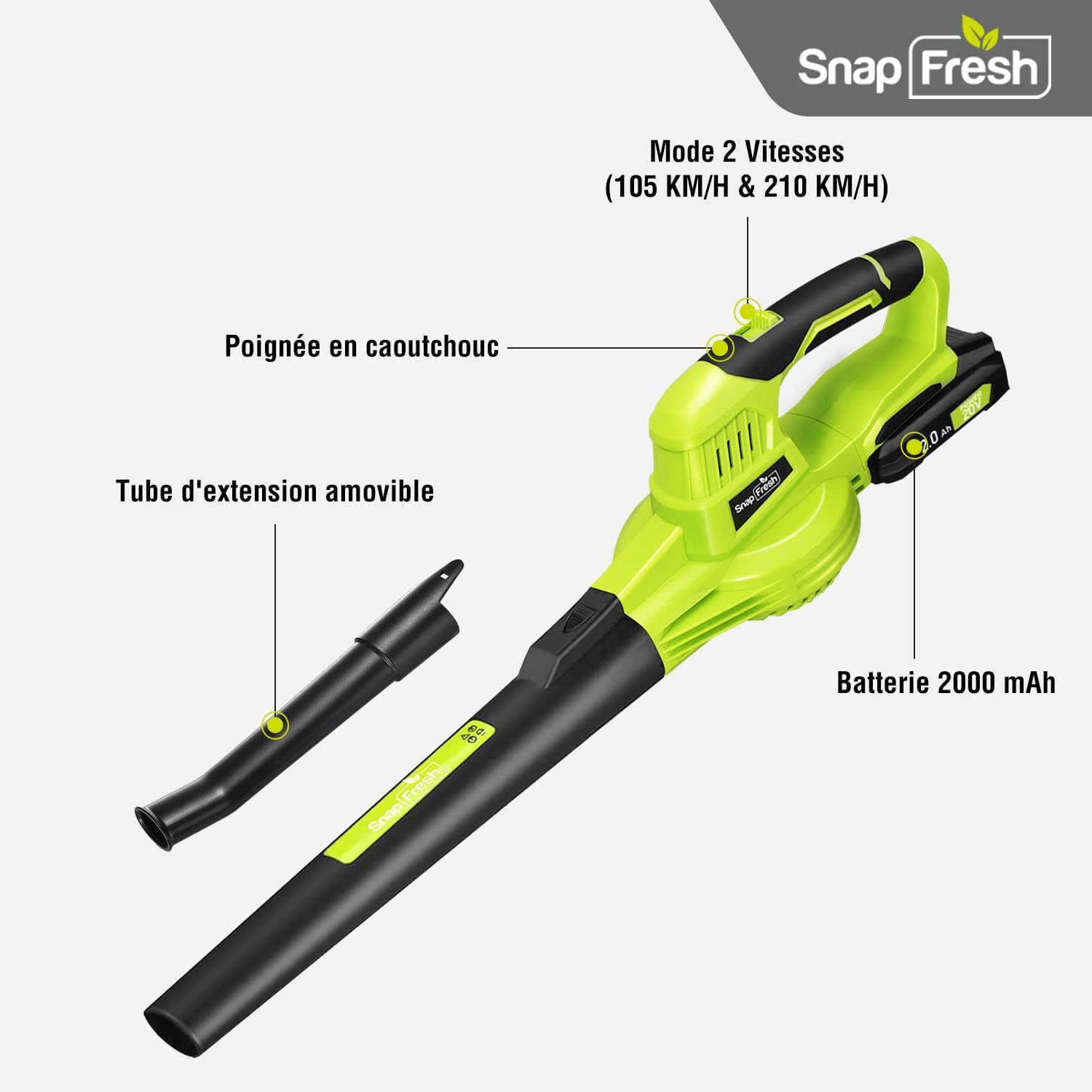 SnapFresh Souffleur Batterie 20V - Souffleur à Feuilles Souffleurs de Feuilles sans Fil avec Batterie et Chargeur 210 km/h 240m³/h / 2 Vitesse/Portable 1,2kg - pour Jardins (Vert)