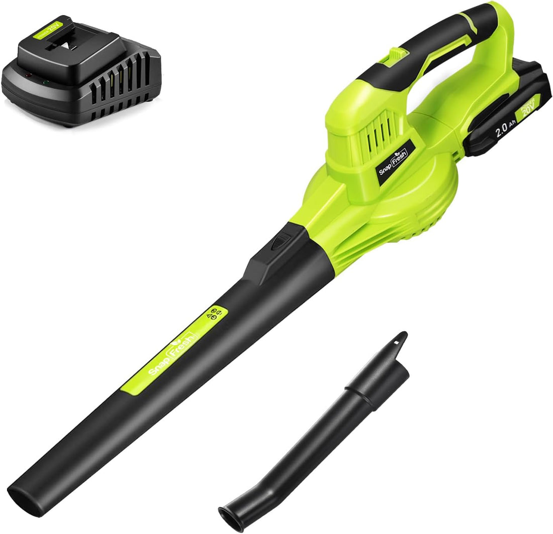 SnapFresh Souffleur Batterie 20V - Souffleur à Feuilles Souffleurs de Feuilles sans Fil avec Batterie et Chargeur 210 km/h 240m³/h / 2 Vitesse/Portable 1,2kg - pour Jardins (Vert)