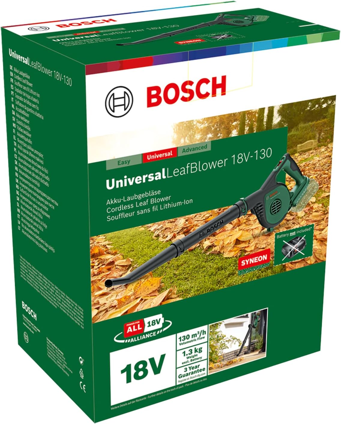 Bosch Home and Garden Souffleur de Feuilles sans Fil Bosch - UniversalLeafBlower 18V-130 (pour Le Nettoyage Rapide et Facile des Jardins, allées et terrasses ; système 18V ; sans Batterie)