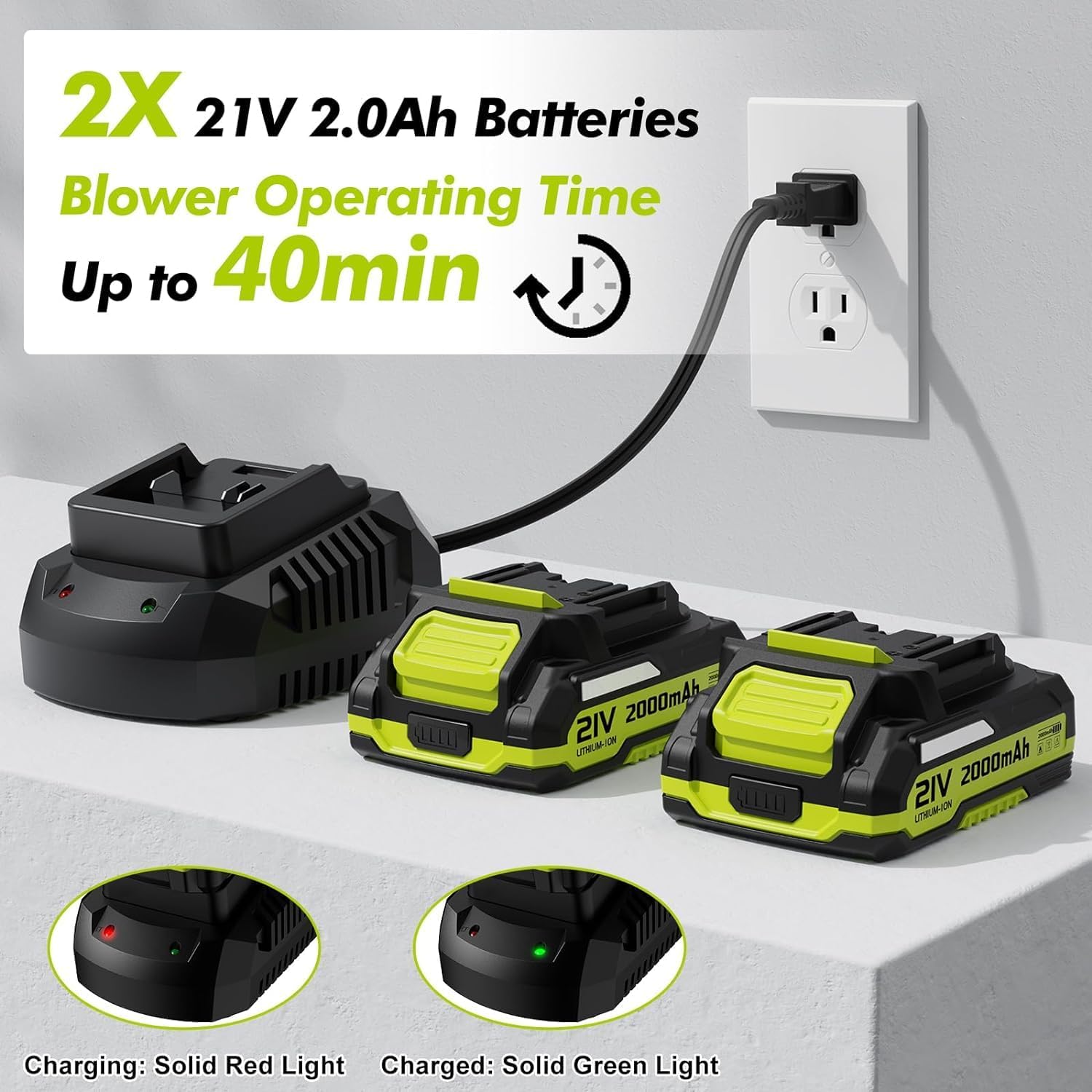 Souffleur de Feuilles sans Fil 21 V, souffleur à Feuilles avec Batterie 4,0 Ah, 3000 W, 2 Modes de Vitesse pour l'entretien de la pelouse, Le soufflage de la Neige, et Le dépoussiérage (Vert)