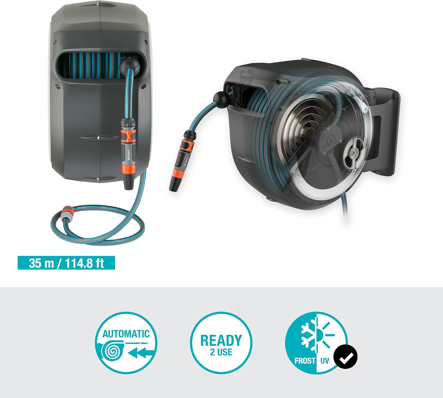 Gardena Enrouleur de Tuyau Mural Rollup XL (Blanc) – Longueur 35m – Ø13mm– Garantie 5 Ans– Dévidoir pivotant à 180°– Kit Complet avec Lance, raccord, Tuyau et Support Mural Inclus (18632-20)