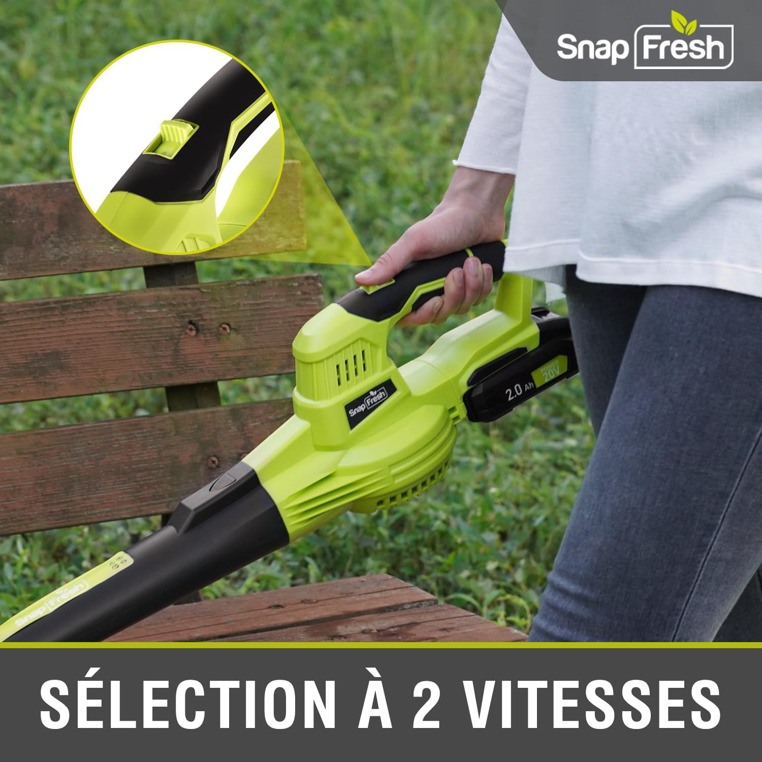 SnapFresh Souffleur Batterie 20V - Souffleur à Feuilles Souffleurs de Feuilles sans Fil avec Batterie et Chargeur 210 km/h 240m³/h / 2 Vitesse/Portable 1,2kg - pour Jardins (Vert)