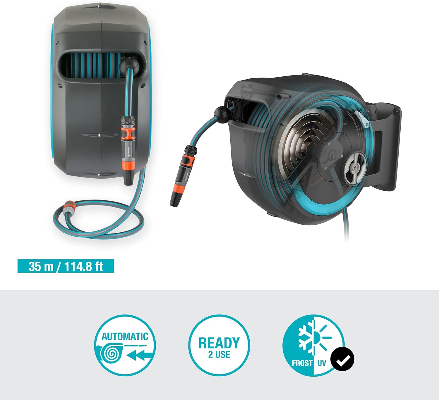 GARDENA Devidoir automatique mural RollUp XL liseret bleu - Longueur 35m - O13mm - Kit complet - Garantie 5 ans 18630-20
