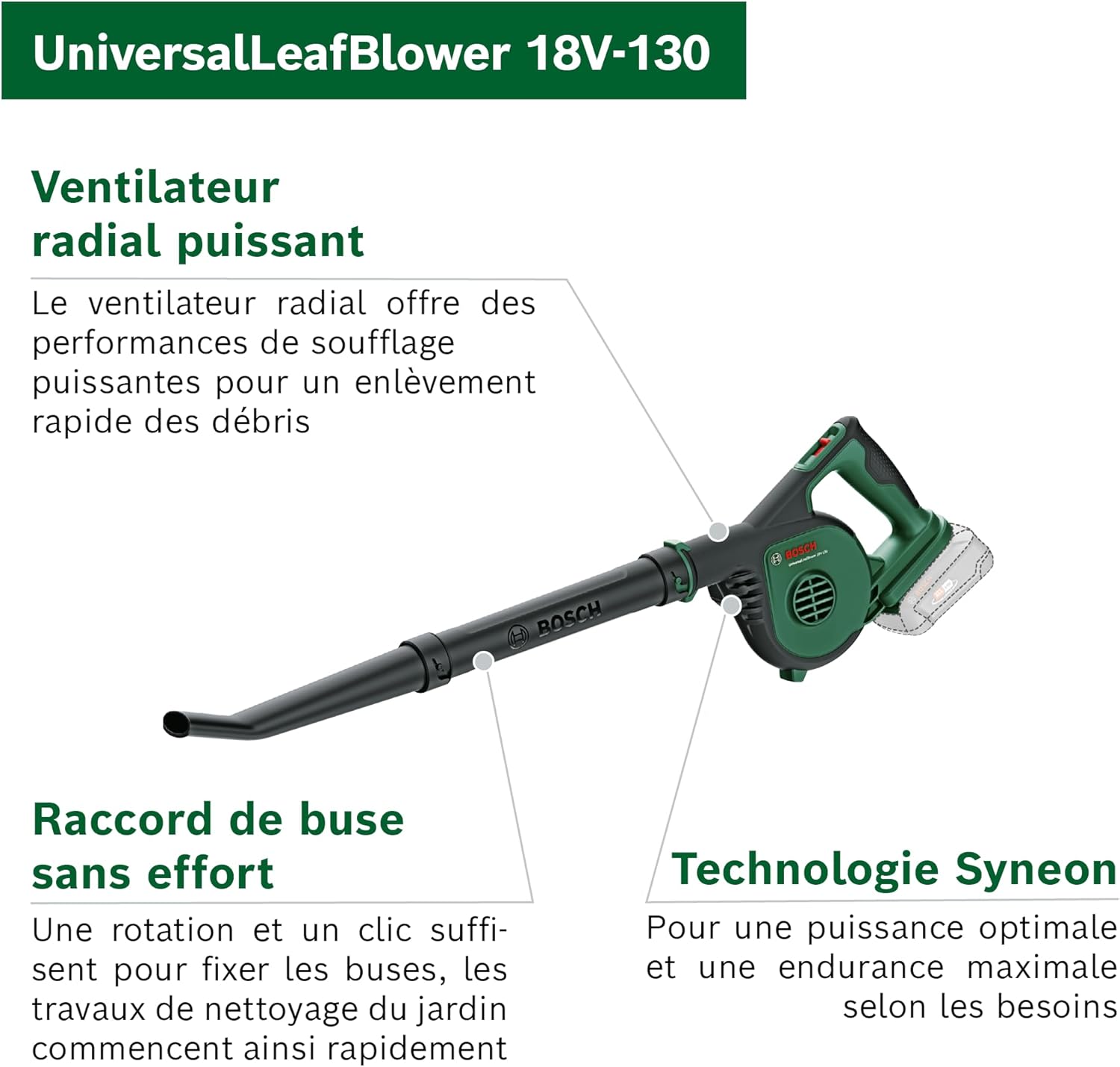 Bosch Home and Garden Souffleur de Feuilles sans Fil Bosch - UniversalLeafBlower 18V-130 (pour Le Nettoyage Rapide et Facile des Jardins, allées et terrasses ; système 18V ; sans Batterie)