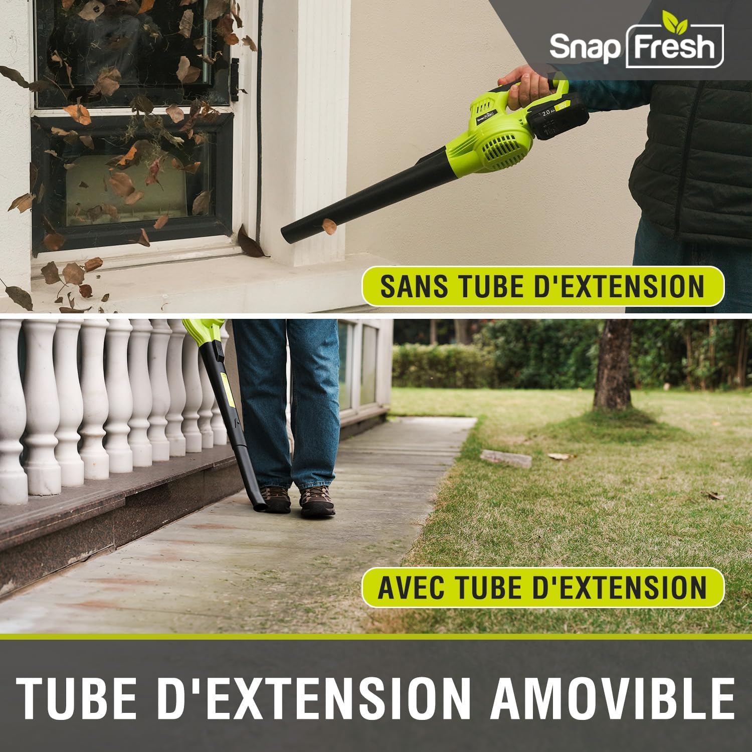 SnapFresh Souffleur Batterie 20V - Souffleur à Feuilles Souffleurs de Feuilles sans Fil avec Batterie et Chargeur 210 km/h 240m³/h / 2 Vitesse/Portable 1,2kg - pour Jardins (Vert)