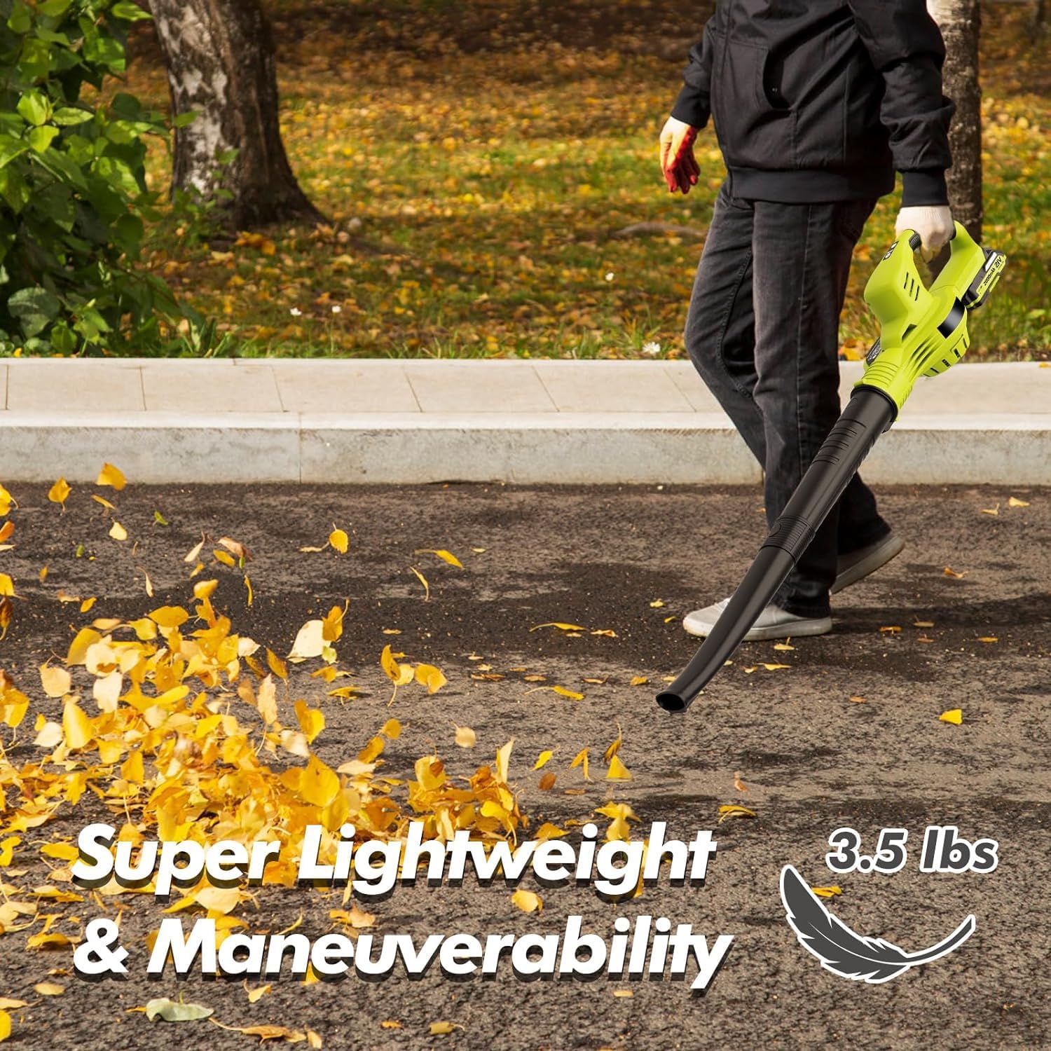 Souffleur de Feuilles sans Fil 21 V, souffleur à Feuilles avec Batterie 4,0 Ah, 3000 W, 2 Modes de Vitesse pour l'entretien de la pelouse, Le soufflage de la Neige, et Le dépoussiérage (Vert)