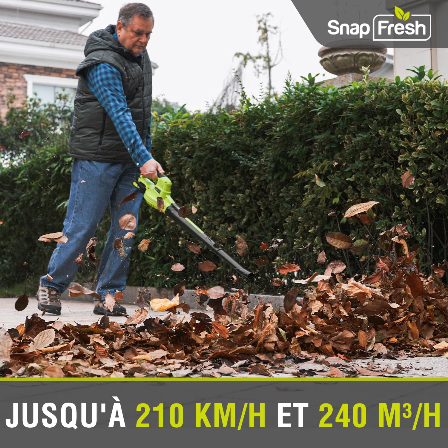 SnapFresh Souffleur Batterie 20V - Souffleur à Feuilles Souffleurs de Feuilles sans Fil avec Batterie et Chargeur 210 km/h 240m³/h / 2 Vitesse/Portable 1,2kg - pour Jardins (Vert)