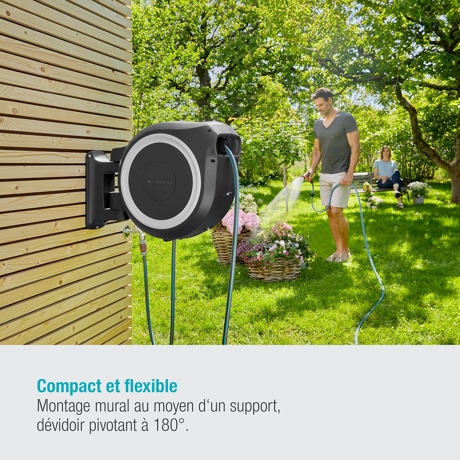 Gardena Enrouleur de Tuyau Mural Rollup XL (Blanc) – Longueur 35m – Ø13mm– Garantie 5 Ans– Dévidoir pivotant à 180°– Kit Complet avec Lance, raccord, Tuyau et Support Mural Inclus (18632-20)