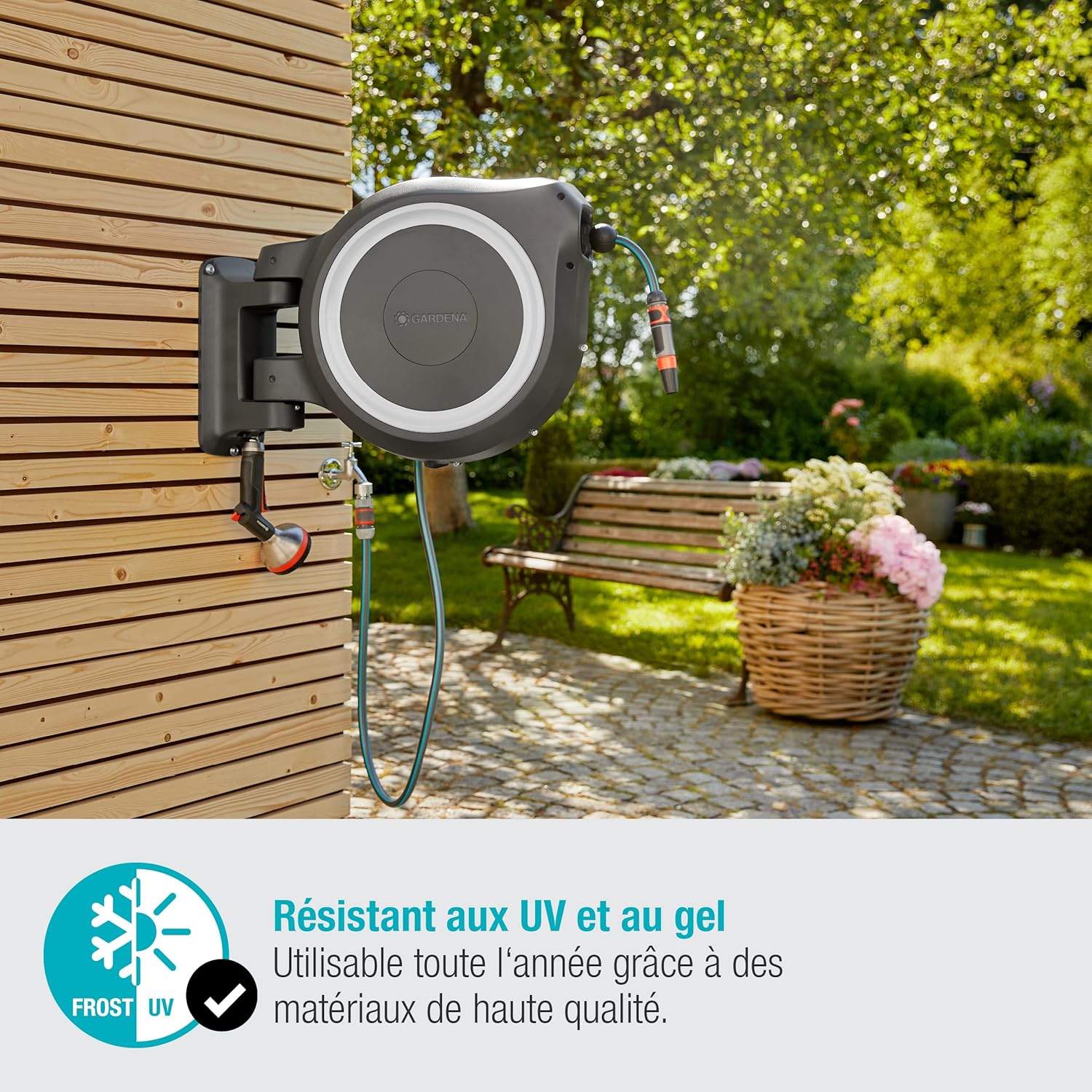 Gardena Enrouleur de Tuyau Mural Rollup XL (Blanc) – Longueur 35m – Ø13mm– Garantie 5 Ans– Dévidoir pivotant à 180°– Kit Complet avec Lance, raccord, Tuyau et Support Mural Inclus (18632-20)