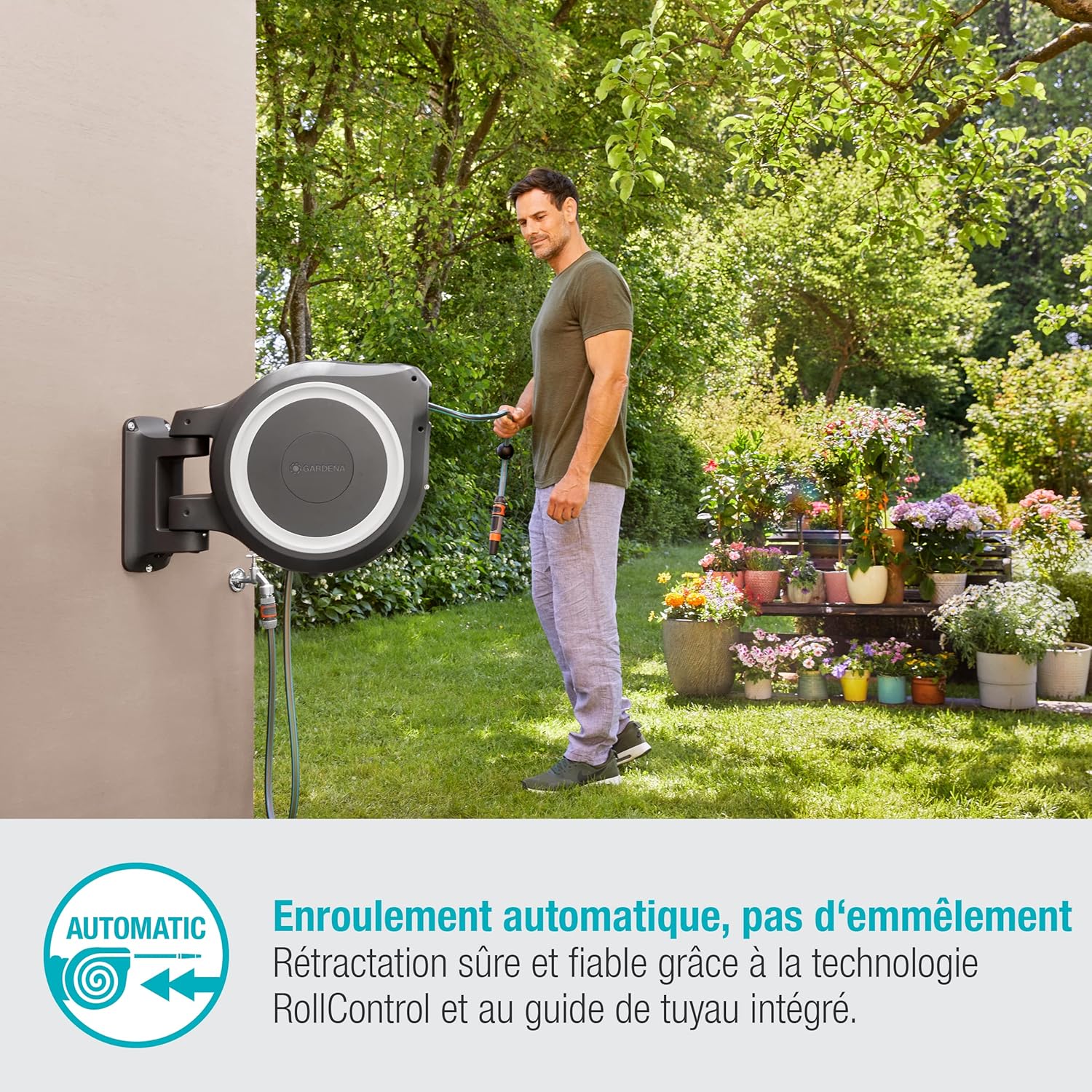 Gardena Enrouleur de Tuyau Mural Rollup XL (Blanc) – Longueur 35m – Ø13mm– Garantie 5 Ans– Dévidoir pivotant à 180°– Kit Complet avec Lance, raccord, Tuyau et Support Mural Inclus (18632-20)