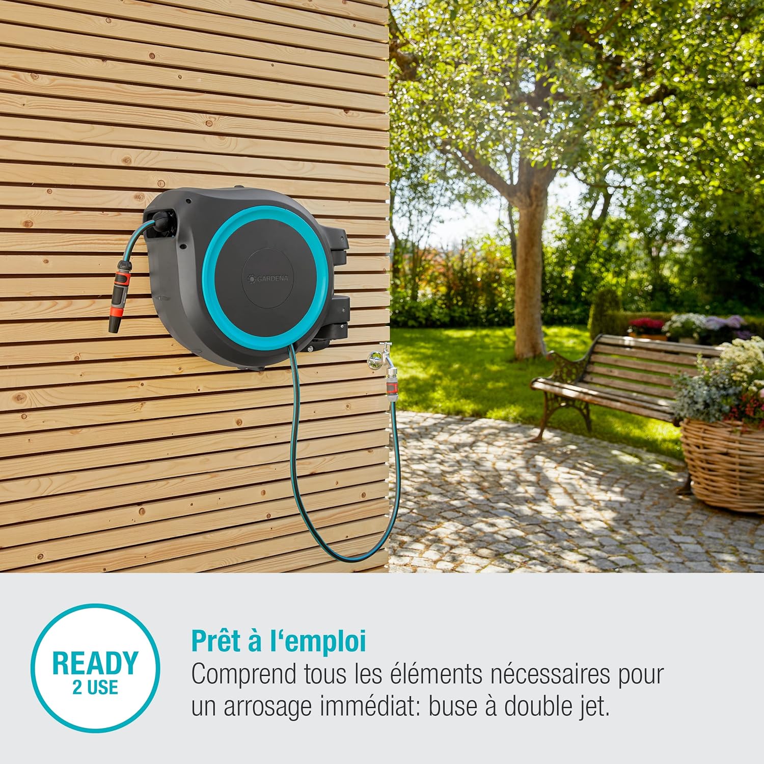 GARDENA Devidoir automatique mural RollUp XL liseret bleu - Longueur 35m - O13mm - Kit complet - Garantie 5 ans 18630-20
