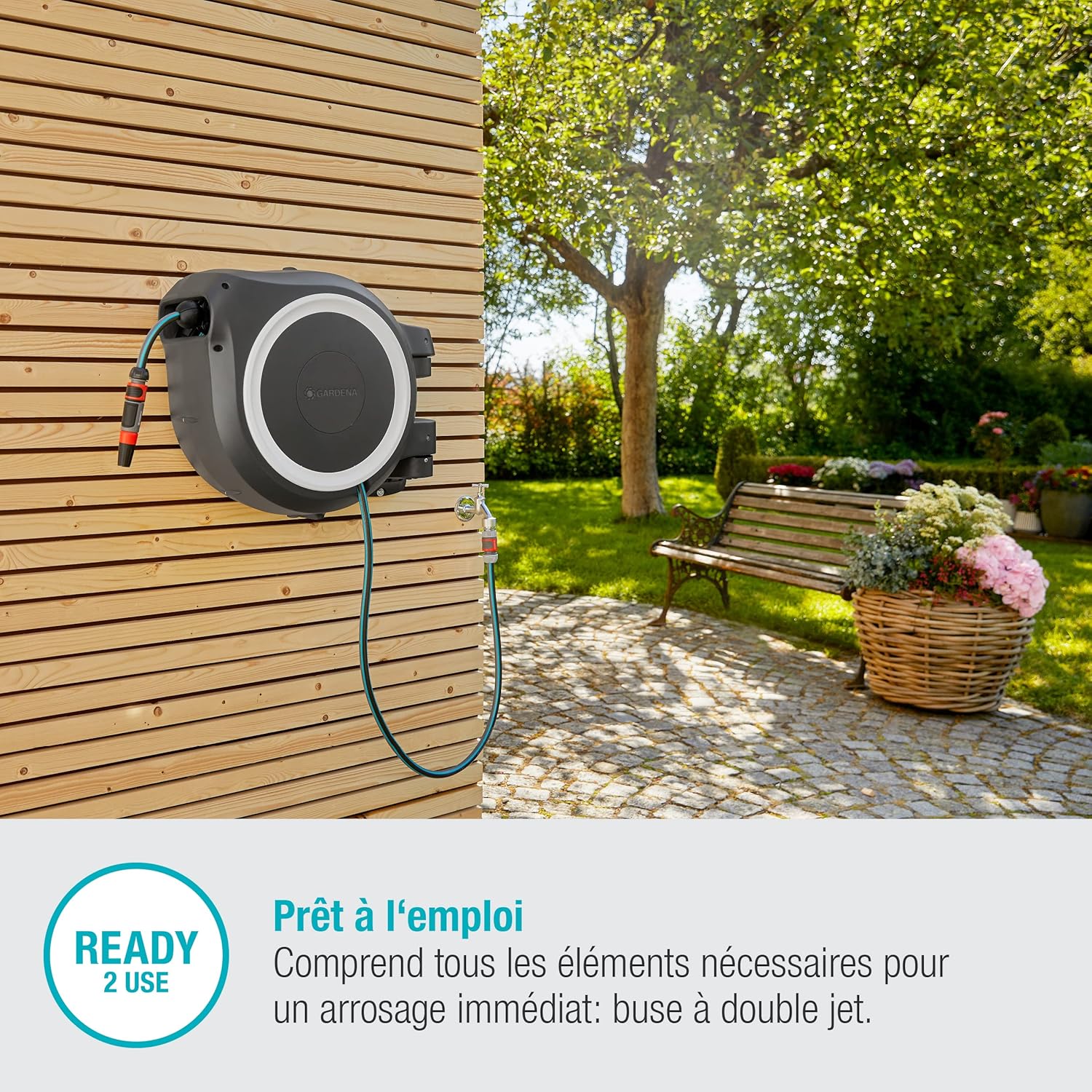 Gardena Enrouleur de Tuyau Mural Rollup XL (Blanc) – Longueur 35m – Ø13mm– Garantie 5 Ans– Dévidoir pivotant à 180°– Kit Complet avec Lance, raccord, Tuyau et Support Mural Inclus (18632-20)